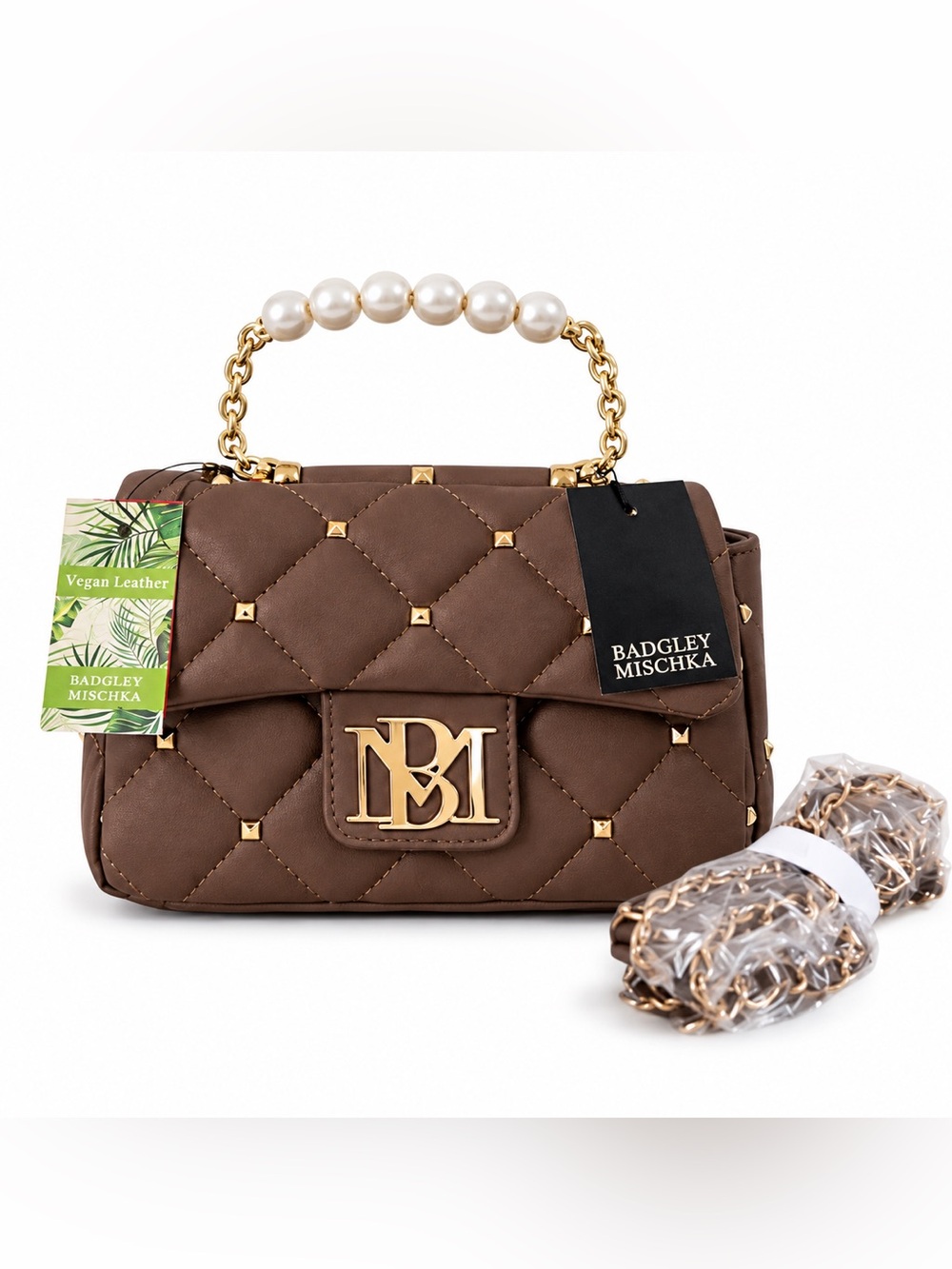 Badgley Mischka Brown Quilted Pearl Handle Formal Evening Bag Crossbody NWT